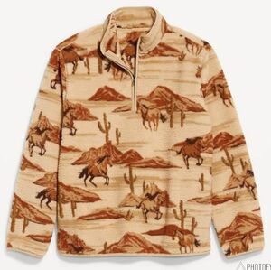 LARGE ● NWT Men's Old Navy Tan Western Sherpa Fleece Quarter Zip Sweater Jacket